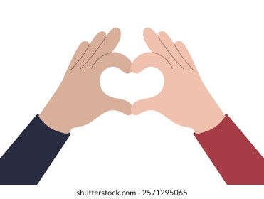 Hands in the shape of a heart. Symbol of love and unity. Male hand and female hand. Vector illustration. Minimalistic design on a white background, perfect for romantic themes