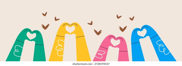 Manos en forma de corazón juntas. Cuidado, concepto de Asistencia. Ilustración vectorial colorida
