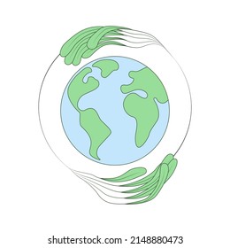 Manos en forma de hojas protegiendo la Tierra. Salvemos el planeta. Día del Medio Ambiente. concepto del Día de la Tierra