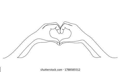 Hands in shape of love heart.Continuous line drawing.Love heart one line drawing.Vector illustration