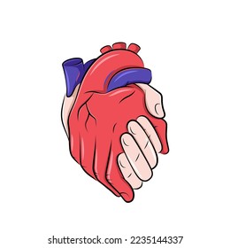 Hands in a shape of a realistic human heart, love concept illustration, comic style drawing