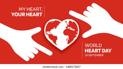 Hands  Shape Red Heart Over the World Map with Text "World Heart Day" on Red Background. Flat Vector Illustration - Vector.