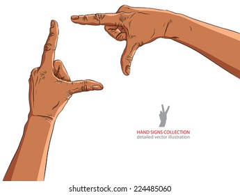 Hands Shaped In Viewfinder, African Ethnicity, Detailed Vector Illustration.