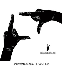 Hands shaped in viewfinder, detailed black and white vector illustration.