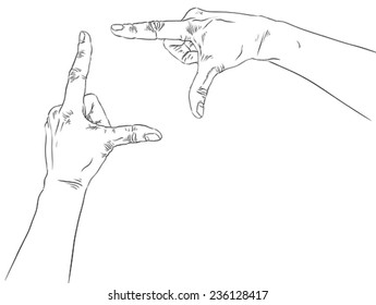 Hands Shaped In Viewfinder, Detailed Black And White Lines Vector Illustration, Hand Drawn.