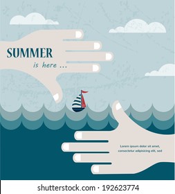 Hands shaped in viewfinder or frame with a summer sea view