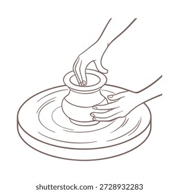 Hands shaping clay pot on a pottery wheel. Line art illustration.