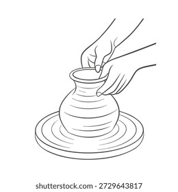 Hands shaping clay pot on a pottery wheel. Line art illustration.