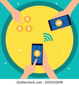 HANDS SHARING BITCOIN WITH FRIENDS