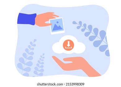 Compartir y descargar imágenes a través del almacenamiento en la nube. Imagen o foto de mano sujeta, símbolo de descarga ilustración vectorial plana. Internet, comunicación, concepto de red para banner o página de inicio