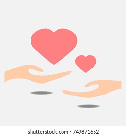 Hands sharing love hearts with shadows isolated on white background, colored flat Logo, icon, sign or symbol. Style graphic design. Vector illustration EPS 10