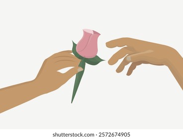 Hands Sharing Pink Rose Romance Illustration. Sustainable love and connection. Ecological love. Valentine, wedding or birthday gift. Flower. Valentine's day concept. Flat style. Vector illustration