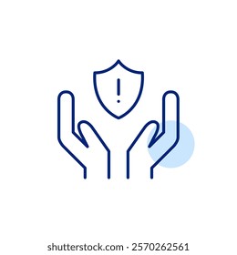 Hands, shield and exclamation mark. Personal safety alerts, importance of security and insurance. Pixel perfect, editable stroke icon