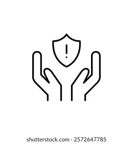 Hands, shield and exclamation mark. Personal safety alerts, importance of security and insurance. Pixel perfect vector icon