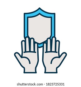 hands with shield icon over white background, line and fill style, vector illustration