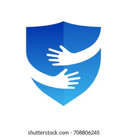 Hands and shield logo. Abstract logo design. Security and embrace symbol or icon. Unique protect and defense logotype design template.