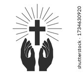 Hands with shining holy cross. Design element for logo, label, emblem, sign, badge. Vector illustration