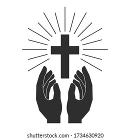 Hands with shining holy cross. Design element for logo, label, emblem, sign, badge. Vector illustration