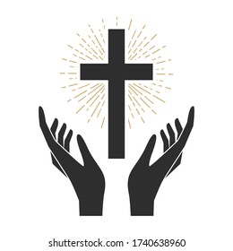 Hands with shining holy cross. Design element for logo, label, emblem, sign, badge. Vector illustration