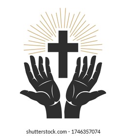 Hands with shining holy cross. Design element for logo, label, emblem, sign, badge. Vector illustration