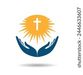 Hands with shining holy cross. Praying hand holding cross. Religion, Church vector logo