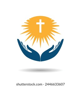 Hands with shining holy cross. Praying hand holding cross. Religion, Church vector logo