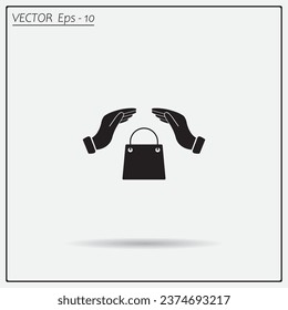 hands and shopping bag, sign purchase protection web icon. 