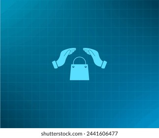 hands and shopping bag, sign purchase protection web icon. 
