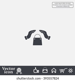 hands and shopping bag, sign purchase protection web icon. 