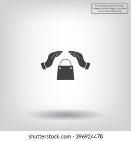 hands and shopping bag, sign purchase protection web icon. 