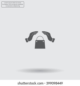hands and shopping bag, sign purchase protection web icon. 