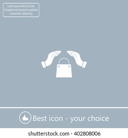 hands and shopping bag, sign purchase protection web icon. 