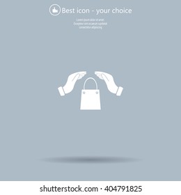 hands and shopping bag, sign purchase protection web icon. 