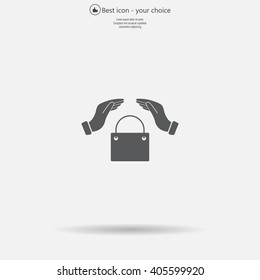 hands and shopping bag, sign purchase protection web icon. 