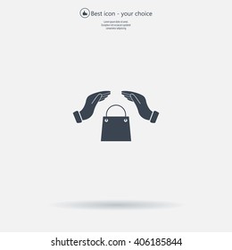 hands and shopping bag, sign purchase protection web icon. 
