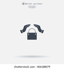 hands and shopping bag, sign purchase protection web icon. 