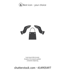 hands and shopping bag, sign purchase protection web icon. 