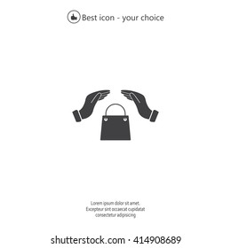 hands and shopping bag, sign purchase protection web icon. 