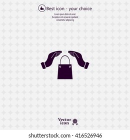 hands and shopping bag, sign purchase protection web icon. 
