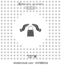 hands and shopping bag, sign purchase protection web icon. 