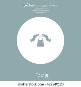 hands and shopping bag, sign purchase protection web icon. 