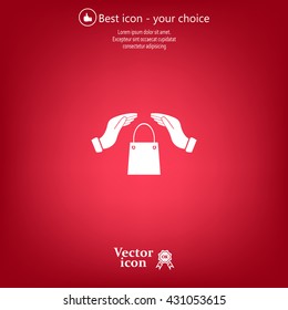 hands and shopping bag, sign purchase protection web icon. 