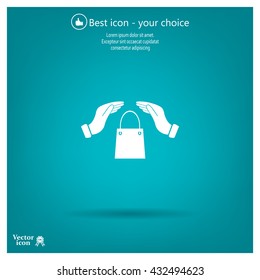 hands and shopping bag, sign purchase protection web icon. 