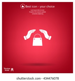 hands and shopping bag, sign purchase protection web icon. 