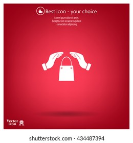 hands and shopping bag, sign purchase protection web icon. 