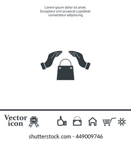 hands and shopping bag, sign purchase protection web icon. 