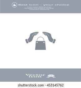 hands and shopping bag, sign purchase protection web icon. 
