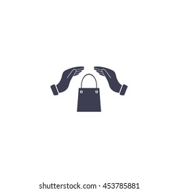hands and shopping bag, sign purchase protection web icon. 