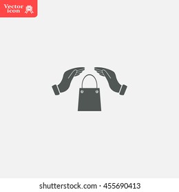 hands and shopping bag, sign purchase protection web icon. 