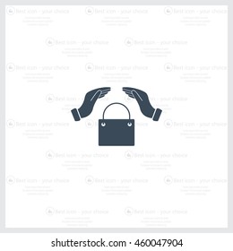 hands and shopping bag, sign purchase protection web icon. 